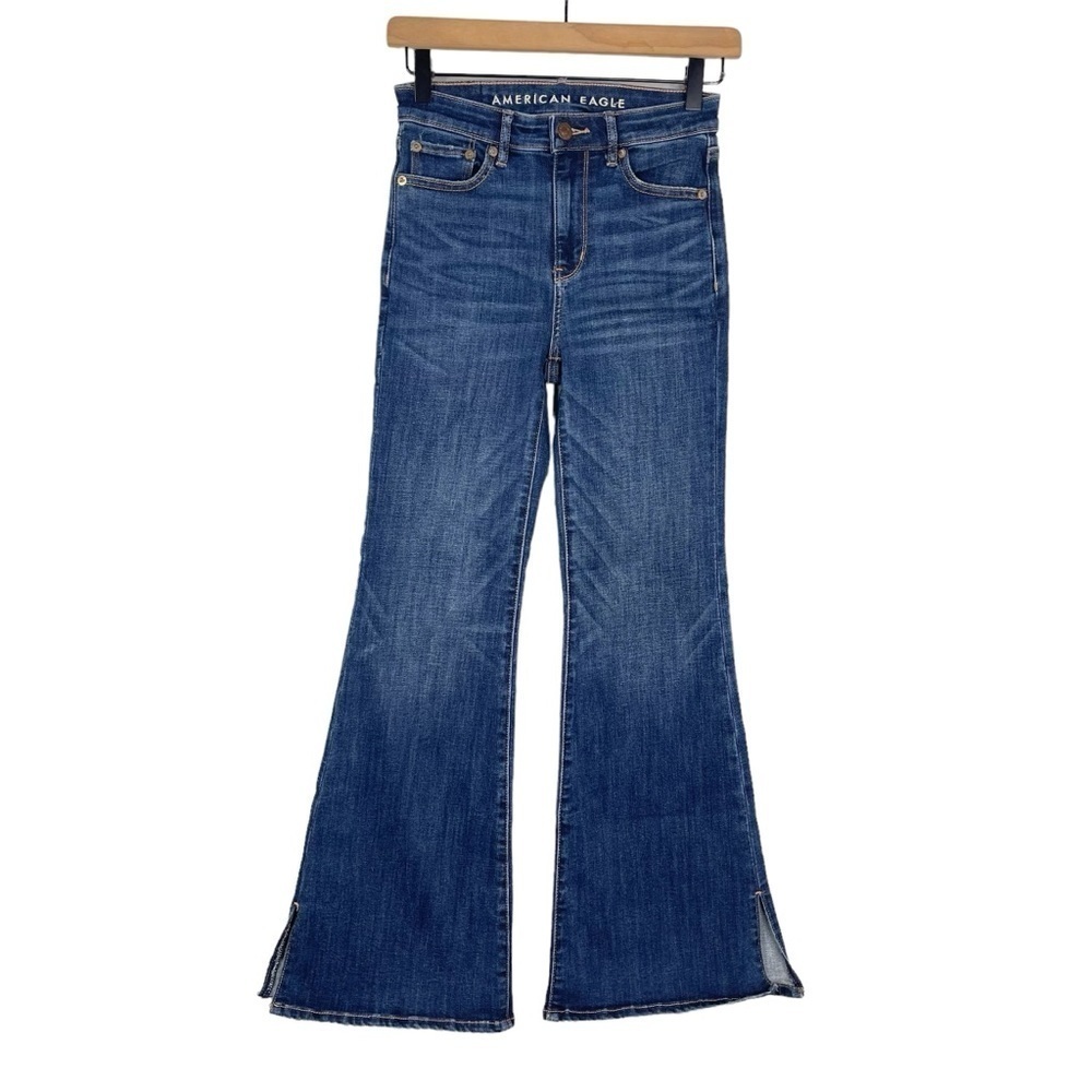 American Eagle Super Hi Rise Flare Jeans 0 SHORT Split Hem Stretch Denim Boho